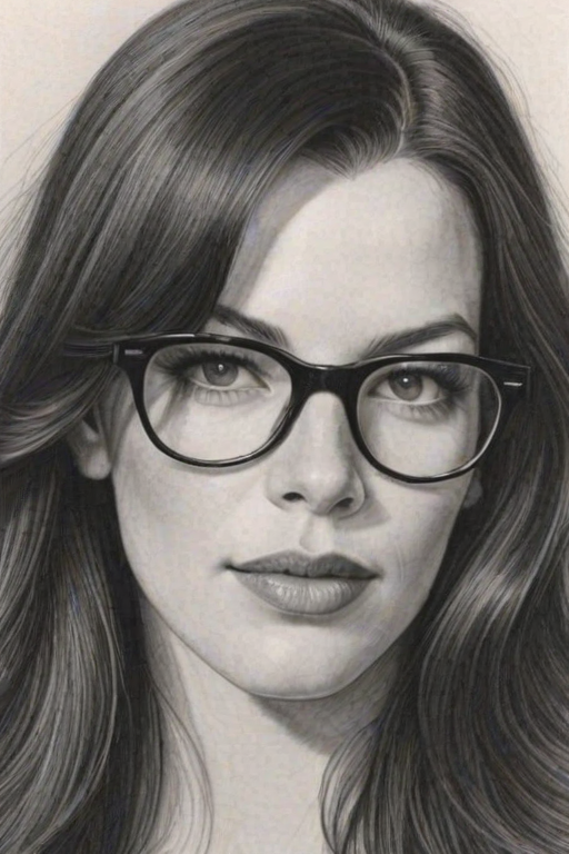 Bewitching Liv Tyler, pencil sketch, portrait of Exquisite woman 1970s in glasses, hair style beatnik, outline, clear lines, fine lines, 8k