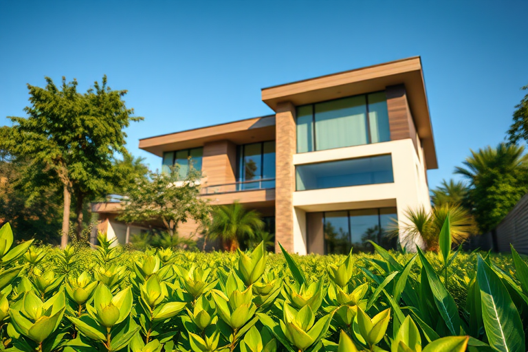 modern architectural house exterior during daytime with lush greenery in foreground, wide-angle lens, f/8 aperture, ISO 100, 24mm focal length, HDR photography, DSLR camera