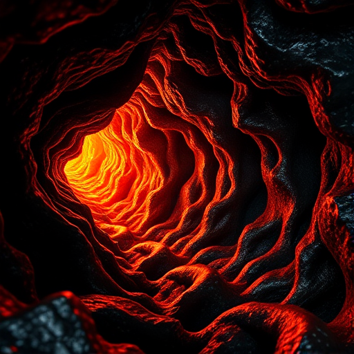 Generate a high-resolution 3D abstract image of a dark cavern with bright orange luminescence contrasting against intricate silver structures, using a DSLR camera at f/8 aperture, ISO 100, shutter speed 1/60 seconds, in a wide-angle lens style with a low-angle view for depth enhancement.