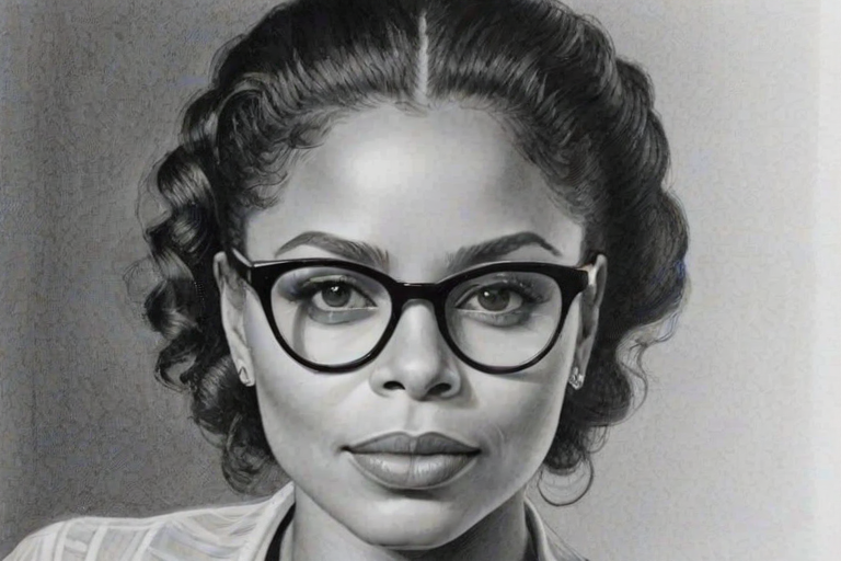 Charming Sanaa Lathan, pencil sketch, portrait of Ravishing woman 1938s in glasses, hair style beatnik, outline, clear lines, fine lines, 8k