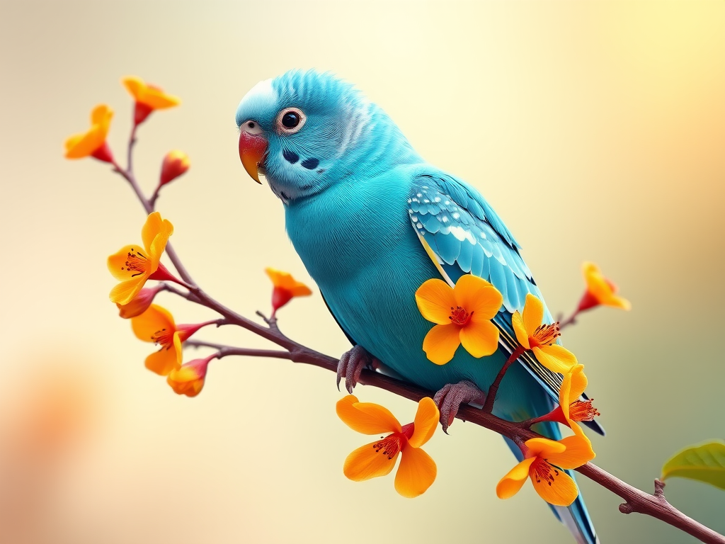 Create a vibrant digital illustration of a blue budgerigar perched on a flower branch with orange blossoms, set against a soft gradient background, shot with a DSLR camera, ISO 100, aperture f/4, 35mm lens, capturing the essence of nature in bright colors and fine details.