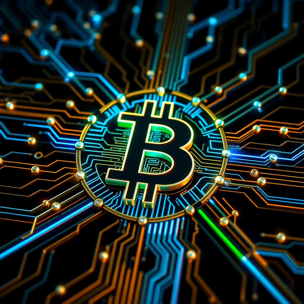Imagine a Bitcoin symbol (₿) intricately designed as part of a futuristic, glowing circuit board. The ₿ is central, composed of metallic gold and silver lines, seamlessly blending into the web of circuits surrounding it. Blue and green LED-style lights trace through the circuits, making it look like Bitcoin is powering a digital network. The background is dark, with neon accents highlighting the tech vibe, symbolizing the digital and decentralized nature of Bitcoin