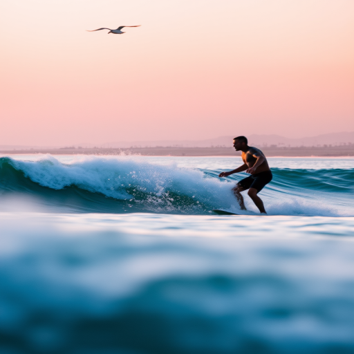 Blurry action shot of a surfer catching a wave at sunrise, soft orange light reflecting off the water, with distant seagulls flying overhead and a peaceful beach barely visible in the background.