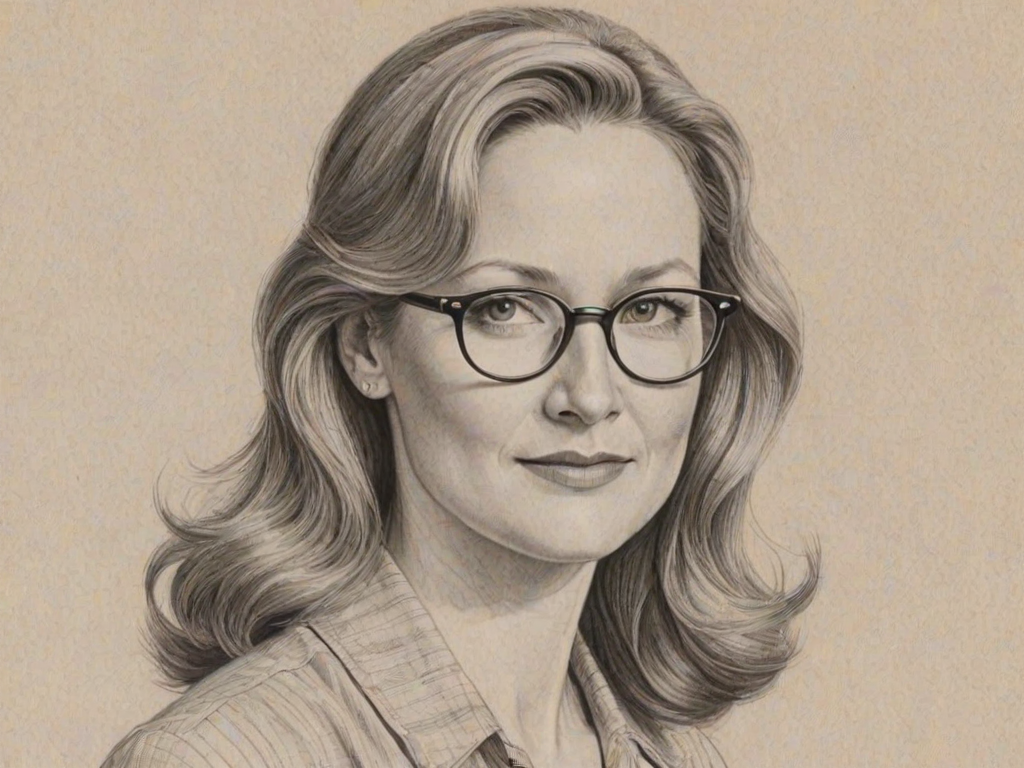 Delightful Laura Linney, pencil sketch, portrait of Ravishing woman 1949s in glasses, hair style beatnik, outline, clear lines, fine lines, 8k