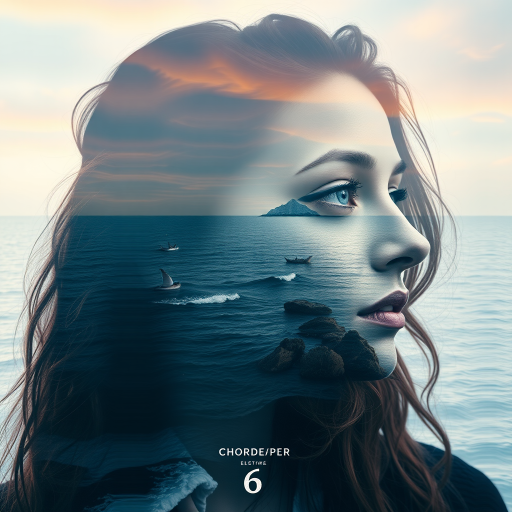 create Book cover, A surreal double exposure portrait that blends a woman's face with a beautiful seascape. The overall mood is dreamy and mystical, with rich colors and intricate details