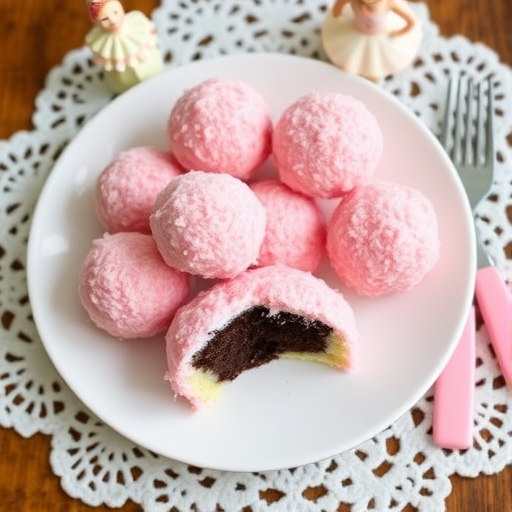 A plate of pink coconut-covered desserts shaped like balls with a bite taken out revealing a dark chocolate center next to a small ballerina figurine and pastel-colored utensils on a lace doily.