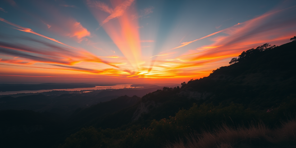 Create a high-resolution image of a serene landscape during sunset with vibrant colors, use a DSLR camera, 50mm lens, f/2.8 aperture, ISO 100, 1/125 sec shutter speed, wide-angle view for depth, capturing the rich details and soft lighting of the scene.