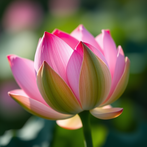 Close-up of a blooming pink lotus flower with green leaves, soft bokeh background, taken with a DSLR camera, f/1.8 aperture, 50mm lens, ISO 100, natural light, macro photography style.