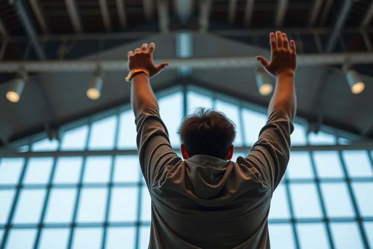 Create a high-resolution image of a person holding a raised arm, seen from a low angle, using a DSLR camera with a 50mm lens, aperture set to f/1.8, ISO 100, and a shallow depth of field to enhance focus on the subject while blurring the background.