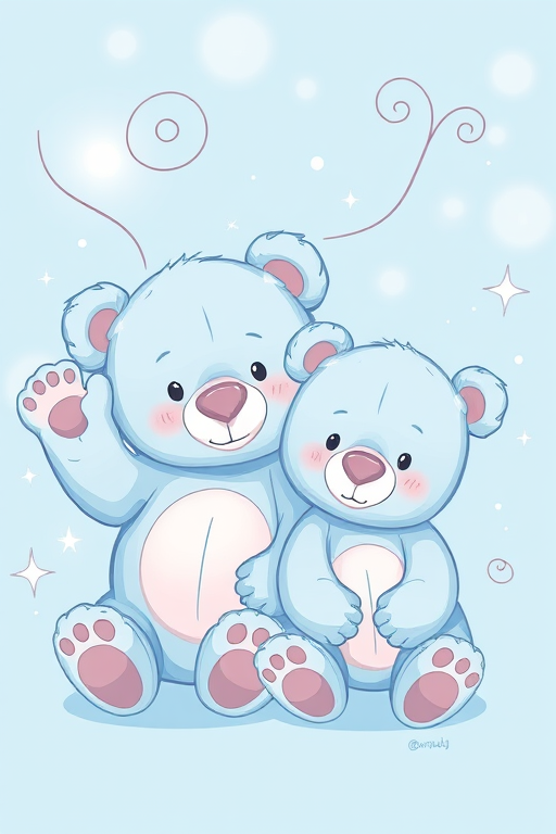 Create a cute illustration of two blue teddy bears with whimsical swirls, one waving and the other sitting; use a soft pastel color palette with a bright blue background, add sparkles and light bokeh effects, capture in high resolution with a DSLR camera, aperture f/2.8, ISO 100, and a 50mm lens.