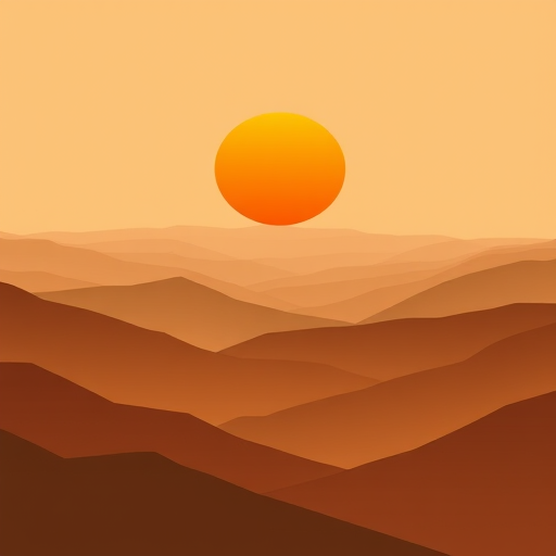 Regenerate a minimalist landscape illustration featuring layered mountains in earthy tones with a large orange sun at the horizon, use a digital art style, 300 DPI resolution, shot from a slightly elevated viewpoint, using a virtual camera with a 35mm lens to enhance depth and clarity.