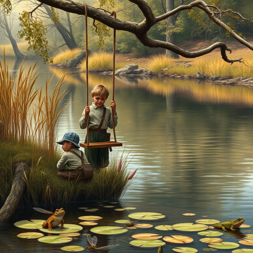 Imagine a small group of old fashioned young boys out fishing by the creek, a swing hanging from a tree branch, reeds and grasses by the water's edge, a frog sitting on a lily pad, dragonflies hovering over som water plans, a very iconic old fashioned scene reminiscent of a Norman Rockwell painting style