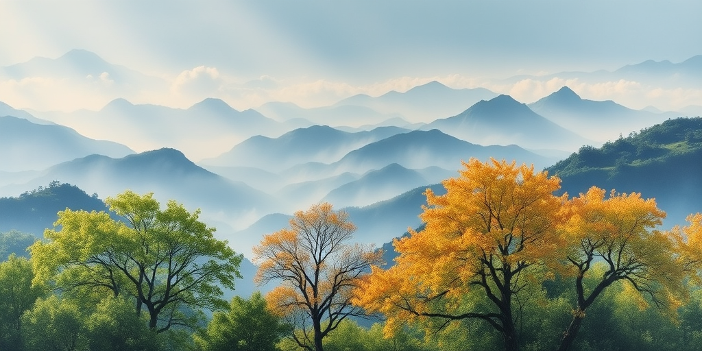 A tranquil and mysterious landscape painting, with vibrant trees in the foreground whose branches stretch towards the sky, echoing distant mountains. Rolling hills emerge through mist, varying in shapes from sharp to gentle, scattered throughout the scene. The overall color scheme is cool-toned, with a blue-gray sky contrasting against light green vegetation. Light streams in from the left side, adding depth and dimension to the painting, making mountain outlines clearer and the mist more ethereal. This poetic natural scenery showcases the majesty of nature, creating a serene and profound atmosphere through detailed handling and color application.