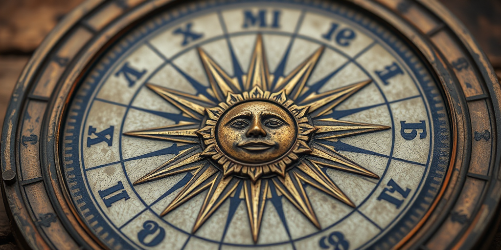 Regenerate the image of a vintage sundial with a sun face at the center, featuring intricate rays emanating from it, displaying the numbers 1 to 12 around the perimeter, using a DSLR camera, 50mm lens, f/2.8 aperture, ISO 100, and natural light, focused on fine details and textures.