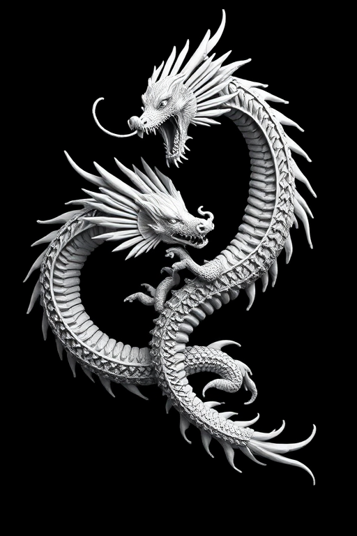 Create a high-resolution black and white design featuring stylized dragons intertwined, captured with a Canon EOS R5, 50mm f/1.2 lens, aperture set to f/2.8, ISO 100, shot in portrait mode.