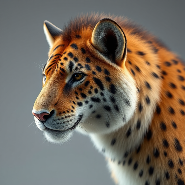 Generate a 3D render of a realistic animal with detailed fur texture and lighting, using a DSLR camera at f/2.8 aperture, ISO 100, shutter speed 1/250s, in a 35mm lens view, using a softbox for even lighting.