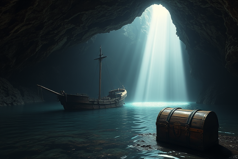A misty cave with a sunbeam illuminating a wrecked pirate ship in a serene lagoon, a weathered treasure chest nearby, taken with a Canon EOS R5, 35mm lens, f/8 aperture, ISO 100, soft focus background with high dynamic range and vibrant colors.