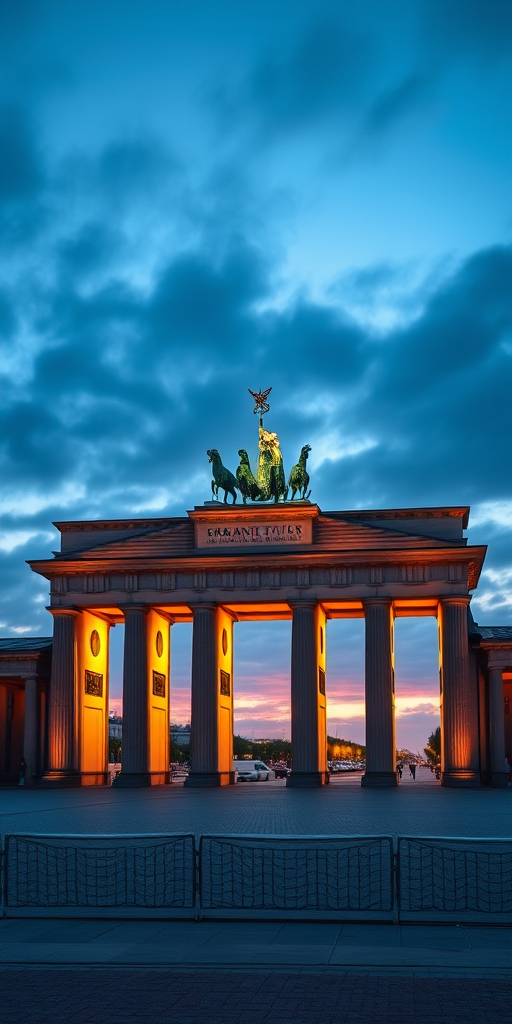 Generate an image of the Brandenburg Gate at night with a German flag zipper effect, use a Canon EOS R5 camera, 24mm lens, f/8 aperture, ISO 400, shot at dusk for enhanced vivid colors and clarity.