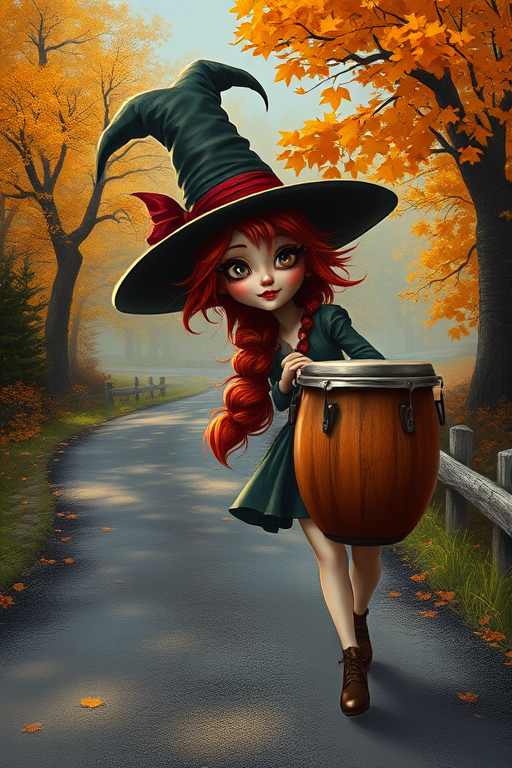 digital art fantasy depicting a strange girl with red hair, long eyelashes, Yellow lipstick and a tall hat walking along a winding road on an autumn afternoon, an Bongo smiles as she passes