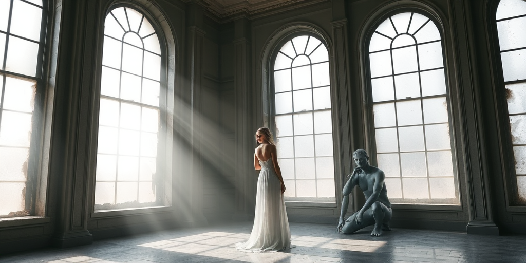 A serene indoor scene featuring a woman in a flowing white gown standing near a gray torso sculpture, with a kneeling figure beside her, soft light filtering through large, dusty windows, with a foggy atmosphere; camera settings: f/2.8, 1/60s, ISO 200; camera view: wide-angle; camera style: ethereal; camera type: DSLR.