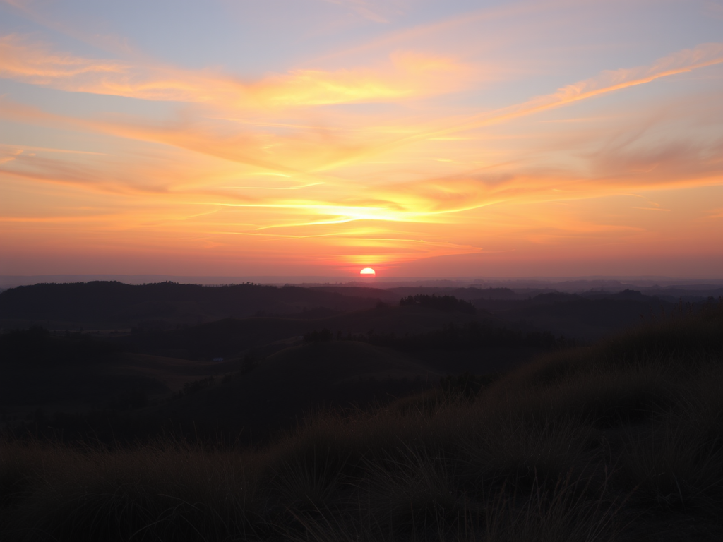 Create a high-resolution image of a serene landscape at sunset, capturing vibrant colors in the sky, with a wide-angle view using a DSLR camera at f/8, ISO 100, and a shutter speed of 1/200 seconds for optimal clarity and depth.