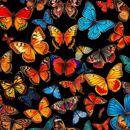 Generate an intricate pattern of colorful butterflies and moths on a black background, using a macro lens with an aperture of f/2.8, ISO 100, and a shutter speed of 1/250s, shot with a DSLR camera in a natural light setting for enhanced vibrancy and detail.