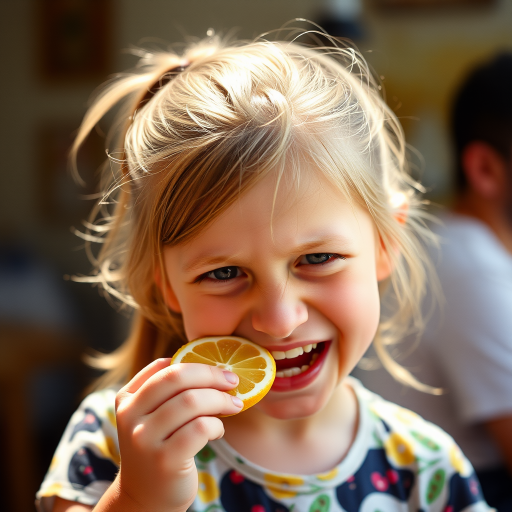 A candid photograph of a young girl biting into a slice of lemon. Her face is scrunched up from the sour taste, capturing a moment of surprise and playfulness. She has light brown hair, tied back in a ponytail, and wears a casual, colorful top. The background is softly blurred, keeping focus on her expression and the lemon slice. Natural lighting illuminates her face, highlighting her reaction with a soft, warm tone. The image has a bright and cheerful atmosphere, with a high contrast. The photo was captured with a 50mm lens and shot on Kodak Portra 160 film.