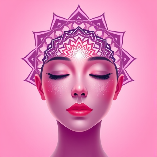 Create a vibrant digital illustration of a serene face with an intricate mandala pattern emanating from the forehead, incorporating soft pink and purple hues, with a focus on light radiating from the center, shot with a 50mm lens at f/1.8, in high resolution with backlighting effects to enhance depth and clarity.