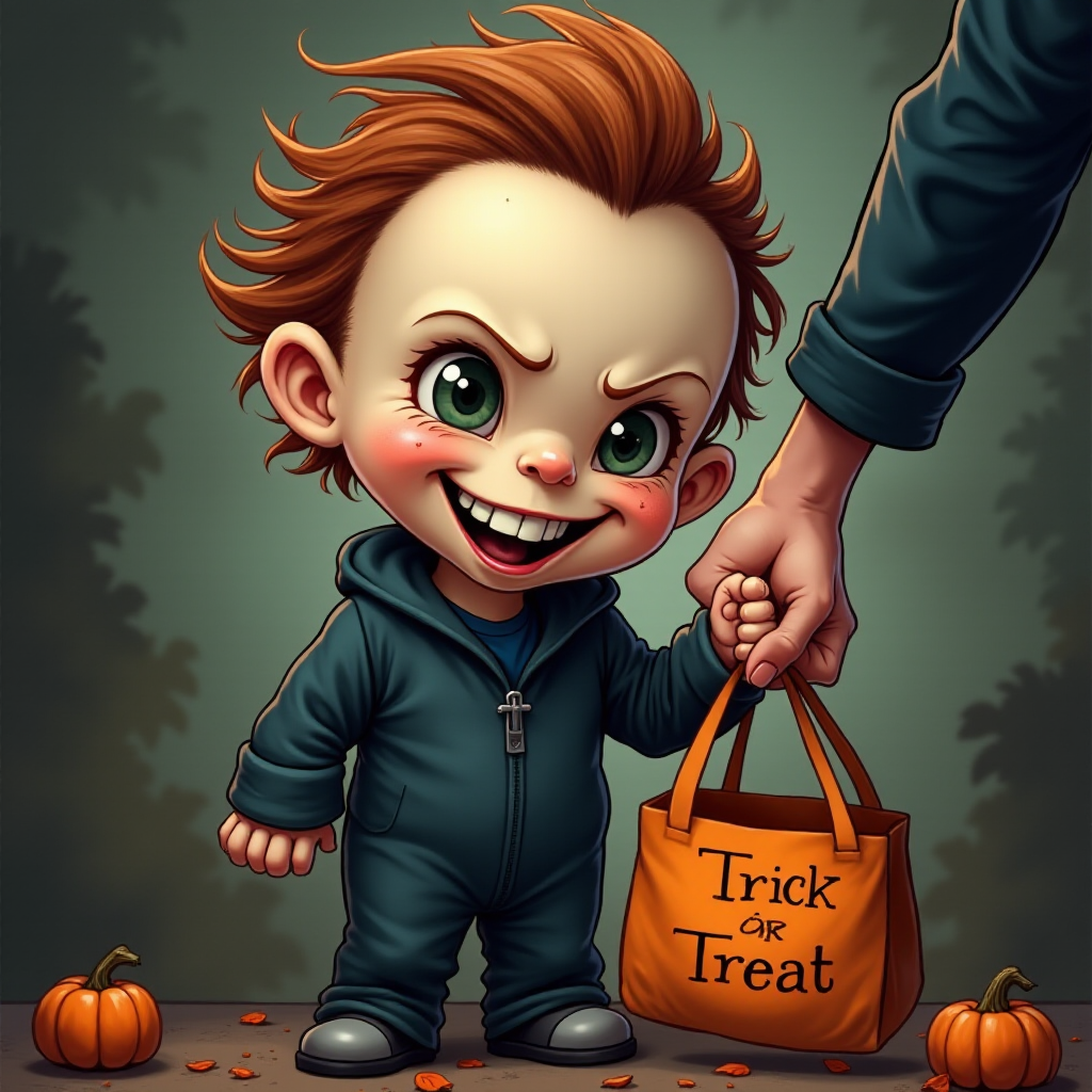 A whimsical caricature of a child version of Michael Myers, grinning mischievously. He is held by the hand of an unrecognizable person (only their hand visible), while holding a bag labeled 'Trick or Treat.' His facial expression is playful yet slightly menacing, reflecting his iconic figure. The scene is in portrait format with a Halloween theme, featuring exaggerated cartoon details like big eyes, a small body, and a creepy yet light-hearted tone.