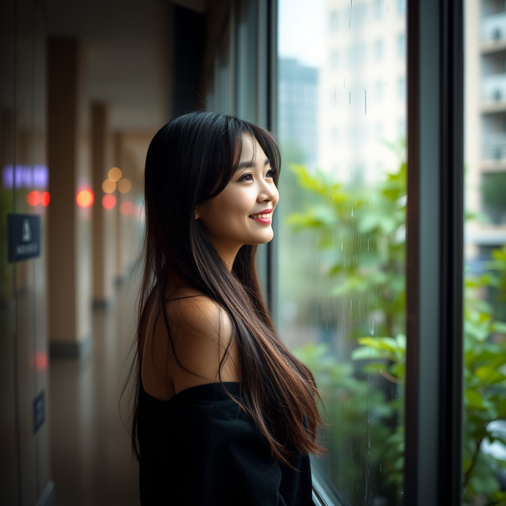 Create an image of a young woman with long dark hair standing in a rainy urban setting, smiling softly while looking out a window, capturing soft natural lighting, depth of field, and vibrant greenery in the background; use a Canon EOS R5, 50mm lens, f/1.8 aperture, ISO 200, and a warm color palette for enhanced image quality.