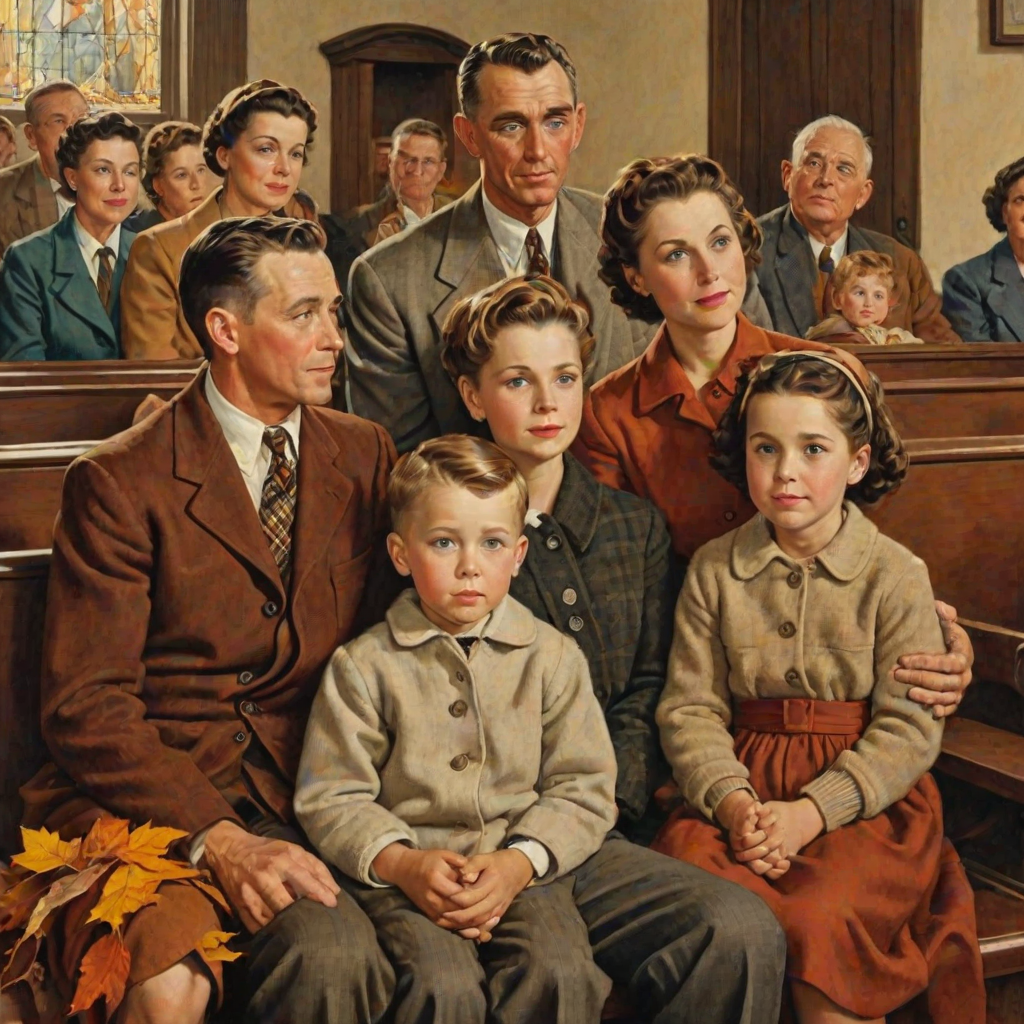 In the style of Norman Rockwell, a 1953 young family, looking pleasantly content is sitting in church, wearing cold weather clothing in autumn colors