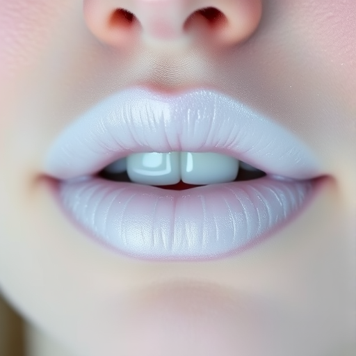 Frosted white lips with a pearlescent sheen, called "Arctic Whisper," featuring a cool undertone and a unique, snow-inspired aesthetic