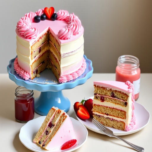 A beautifully decorated layer cake with pink and white frosting displayed on a blue cake stand next to a slice of the cake on a white plate, surrounded by fresh fruit and a jar of pink jam, with a fork resting nearby.
