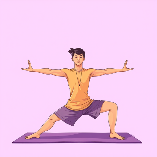 Create a high-resolution illustration of a person performing a warrior yoga pose on a mat with a soft purple background, using a digital art style, with a focus on bright colors and smooth lines, camera settings: aperture f/2.8, shutter speed 1/250s, ISO 100, camera view: wide-angle, camera type: digital illustration.