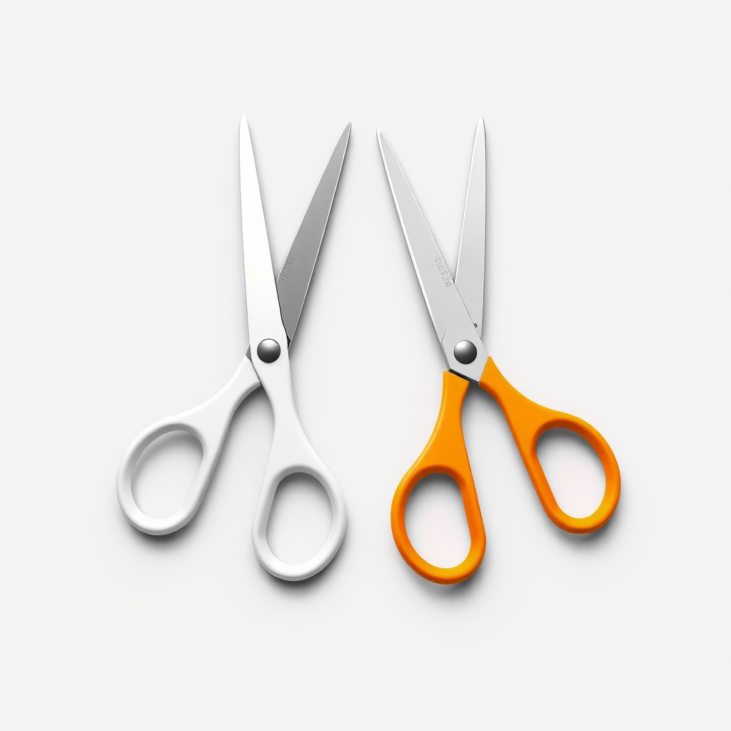 Create a highly detailed illustration of two pairs of scissors, one white and one orange, set against a neutral background, using a DSLR camera with a 50mm lens, aperture f/4, ISO 100, and a soft focus effect for a professional look.