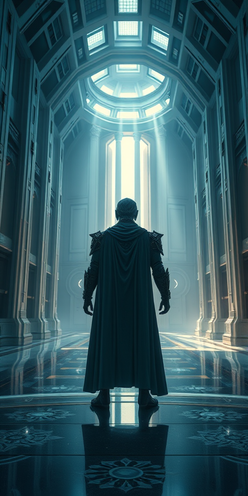 Create a high-resolution digital artwork of a futuristic grand hall with ethereal lighting, featuring a majestic figure at the forefront, deep focus, shot with a Canon EOS R5, 24mm lens, f/1.8 aperture, ISO 100, and soft HDR rendering.