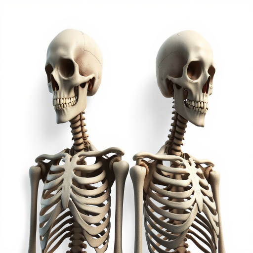 Create a detailed illustration of two human skeletons standing side by side, with a slight gap between them, using a high-resolution digital art style, set against a plain white background for clarity, captured with a Canon EOS R5 at 50mm f/1.8 aperture, ISO 100, and a soft natural light source to enhance shadow details and texture.