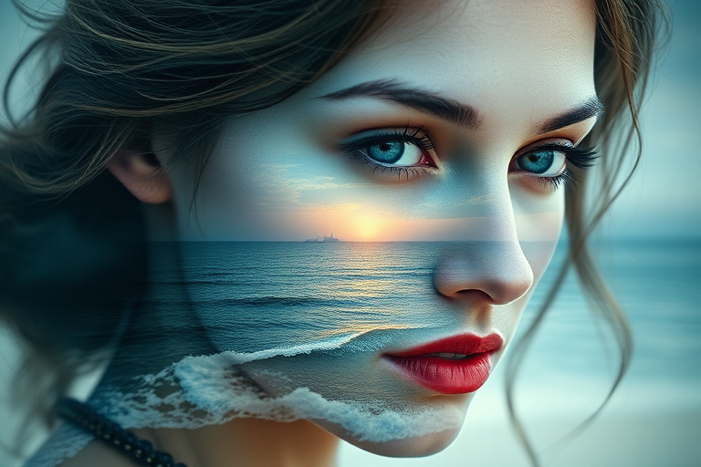 this image is Book cover, A surreal double exposure portrait that blends a woman's face with a beautiful seascape. The overall mood is dreamy and mystical, with rich colors and intricate details