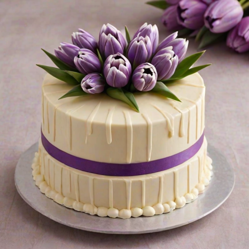 Create an elegant two-tier cake with a white chocolate collar, adorned with purple tulips on top. The design should feature a smooth, creamy finish, with a rich ribbon wrapped around the base of each tier. The background should be dark to highlight the cake's colors.