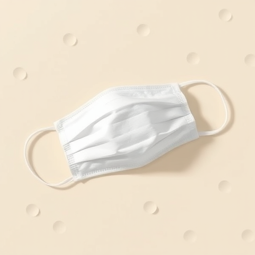 Generate a high-resolution vector illustration of a white face mask lying on a light beige background with soft shadows, use a 50mm lens at f/2.8, with a shallow depth of field in a digital camera style for enhanced clarity and detail.