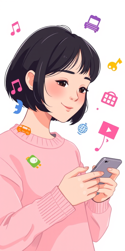 Create a digital illustration of a person with short black hair wearing a light pink sweater, holding a smartphone, with colorful icons representing music, the internet, transportation, shopping, and messaging floating around them, shot with a 50mm lens at f/1.8, ISO 100, in soft natural lighting for a clean look.