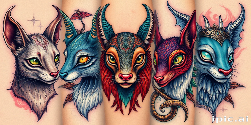 Neo-traditional color realism tattoo named "Enchanted Menagerie" featuring a collection of whimsical animal portraits with exaggerated features and fantastical elements such as glowing eyes ethereal auras and surreal color palettes blending realistic rendering techniques with stylized artistic interpretations to create a dreamlike fusion of reality and imagination that brings mythical creatures to life on the skin
