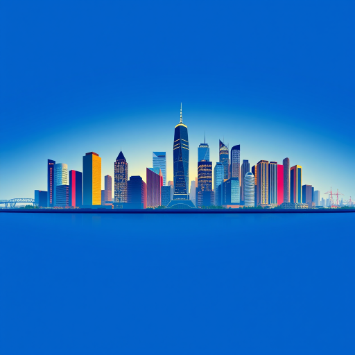 Generate a vibrant vector illustration of a modern city skyline with a blue gradient background, using a Canon EOS R5 camera with a 50mm lens at f/8, ISO 100, and a panoramic view for enhanced clarity and detail.