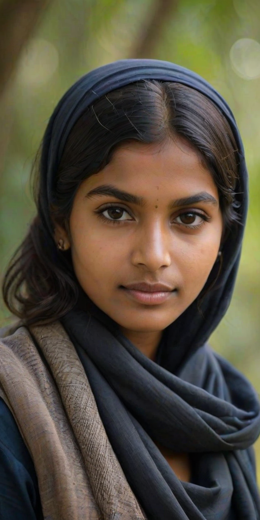 Create a portrait of a young Sri Lankan woman with long, dark hair and captivating hazel eyes. She is wearing a dark headscarf and a matching scarf draped gracefully around her neck. The background is softly blurred, focusing attention on her serene and natural expression. The overall color palette is muted and warm, enhancing the intimate and authentic feel of the portrait.