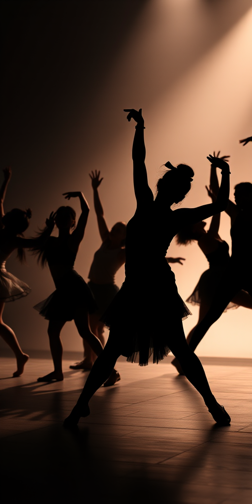 Generate a high-contrast silhouette image of diverse dancers in dynamic poses with soft spotlight backgrounds, using a Canon EOS R5 at f/2.8, ISO 100, 1/125 sec, portrait orientation, and a shallow depth of field for enhanced image quality.