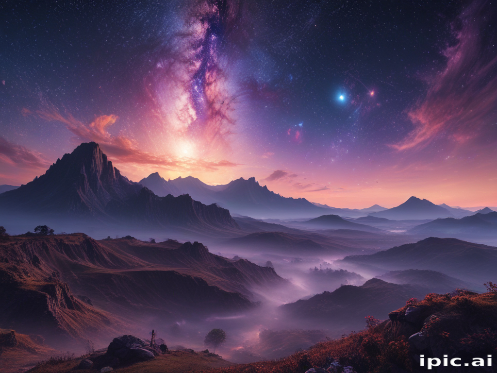 Majestic Cosmic Landscape Under a Vibrant, Star-Filled Sky at Dusk