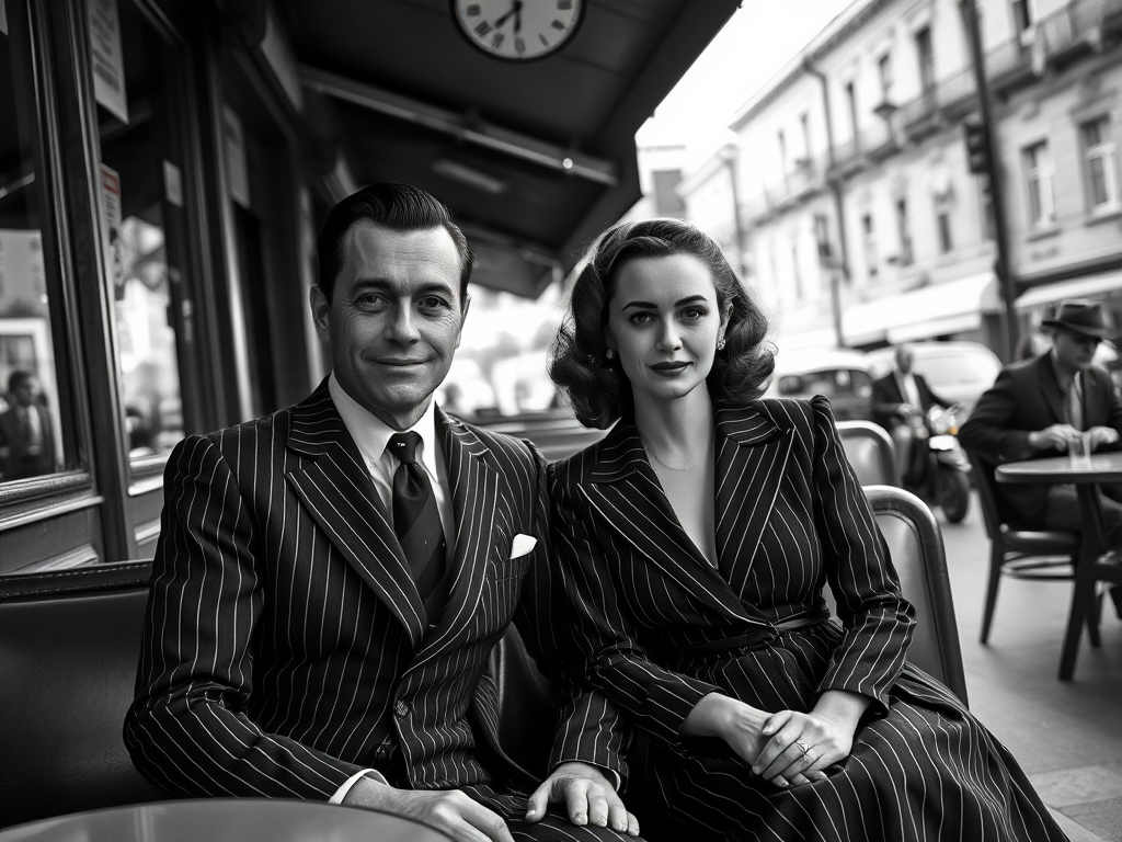 A 1940s-style black and white photograph of a well-dressed man in a pinstripe suit and a woman in a vintage dress, sitting in a retro cafe against an urban backdrop, shallow depth of field, f/2.8 aperture, 50mm lens, soft diffused lighting, high-resolution digital camera, capturing a candid moment with a warm and nostalgic atmosphere.