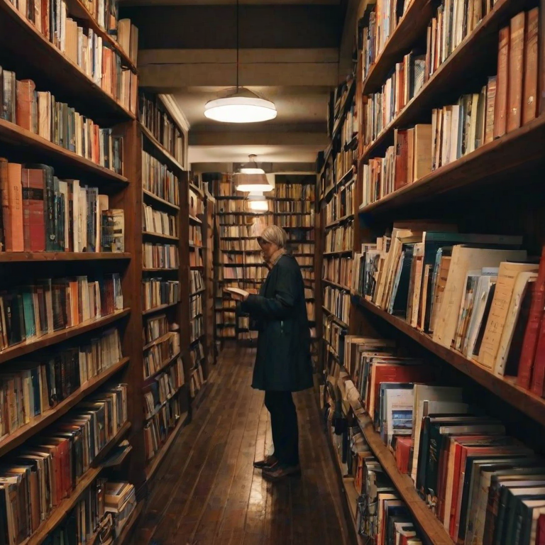 A quiet bookshop on a rainy afternoon, the smell of fresh coffee and old books filling the air, as a woman browses the shelves, running her fingers along the spines.