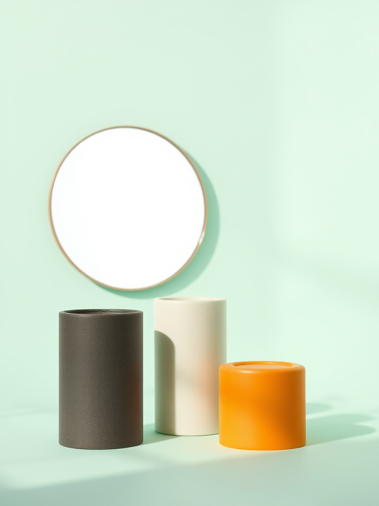 minimalistic composition of three cylindrical objects and a round mirror against a soft mint green background, shot with a Canon EOS R5, aperture f/2.8, ISO 100, 50mm lens, natural soft lighting, focus on the textures and colors, shallow depth of field