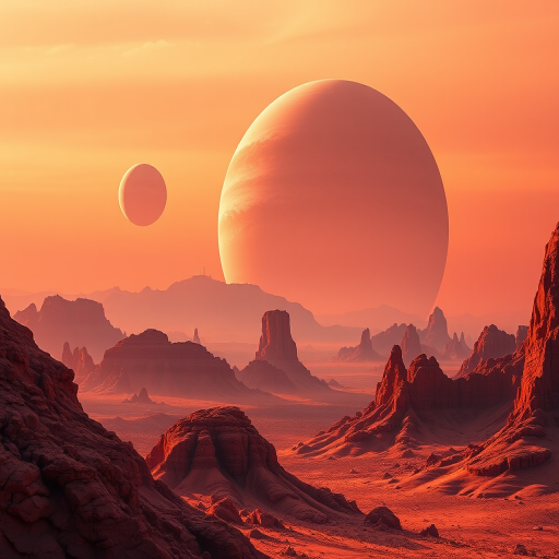 create a stunning alien landscape with a large gas giant planet and a smaller moon in the sky, warm orange and pink hues, high-resolution details, captured with a DSLR camera, f/8 aperture, ISO 100, 24mm focal length, wide-angle view for expansive depth, soft lighting for a dreamy atmosphere